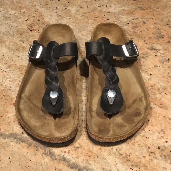 Birkenstock Shoes - Birkenstock Gizeh Black Braided Oiled Leather Buckle Thong Sandals Regular Width